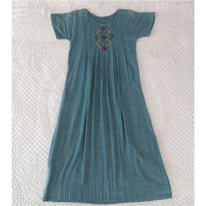 Vintage 70s Blue Embroidered Pintuck Maxi Dress Boho Cotton Medium Handmade